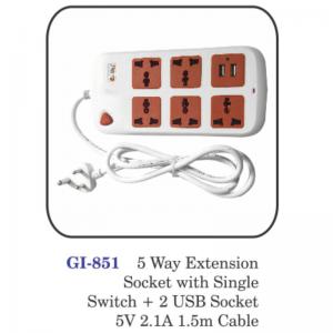 5 Way Extension Socket With Single Switch+2 Usb Socket 5v 2.1a 1.5m Cable