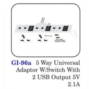 5 Way Universal Adaptor W/switch With 2 Usb Output 5v 2.1a