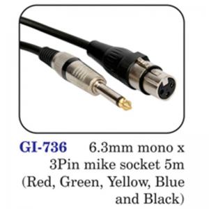 6.3mm Mono X 3pin Mike Socket 5m (red, Green, Yellow, Blue And Black)