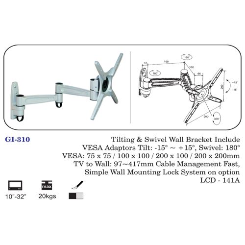 Tilting & Swivel Wall Bracket Include Vesa Adaptors 10" To 32"